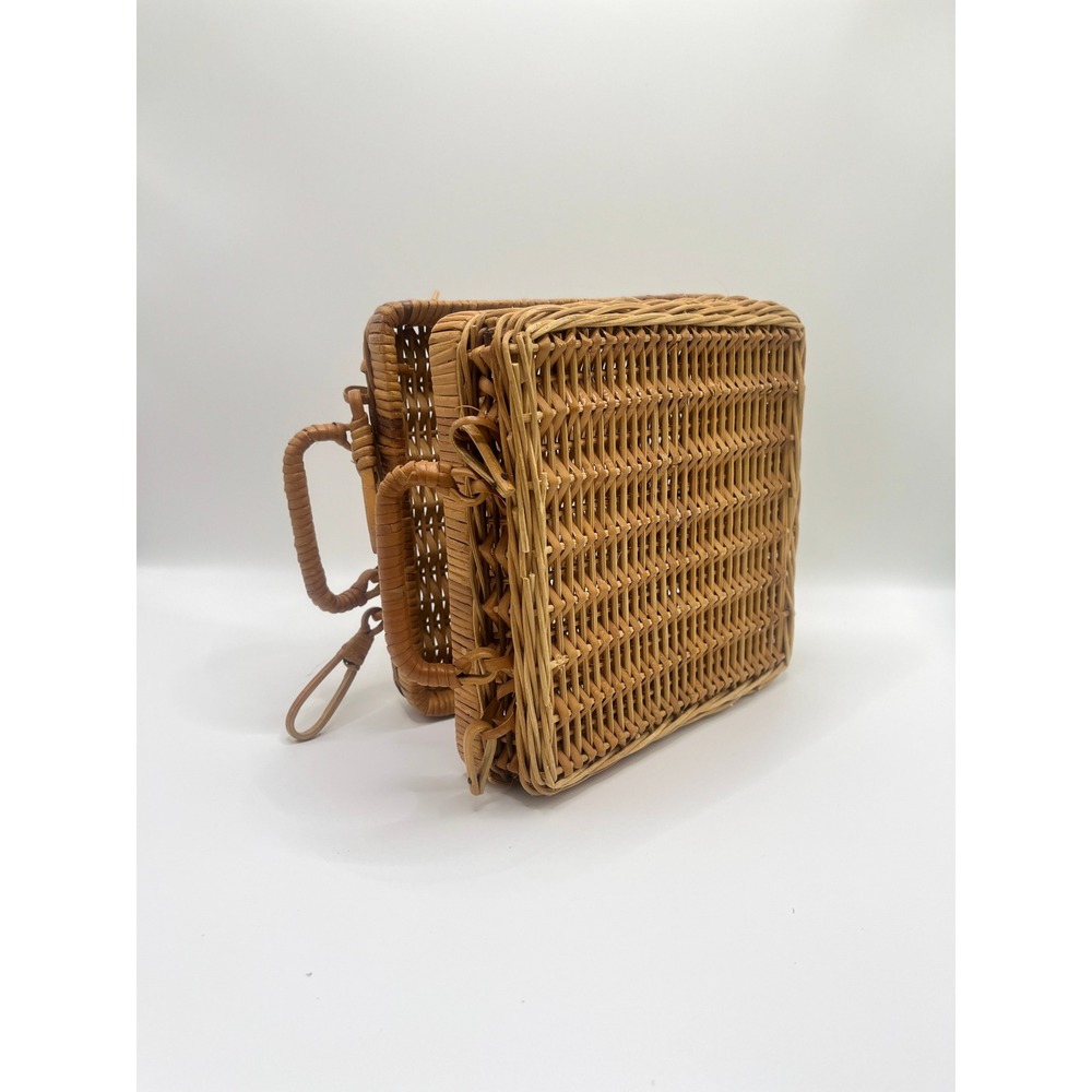 Vintage Square Wicker Rattan Basket Bag Woven Box Top Handle Handbag Tan